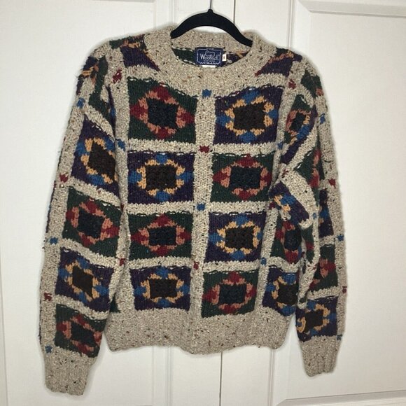 Woolrich Sweaters - Vintage Woolrich Sweater Womens M Floral Grid Knit Gray Geometric Pullover